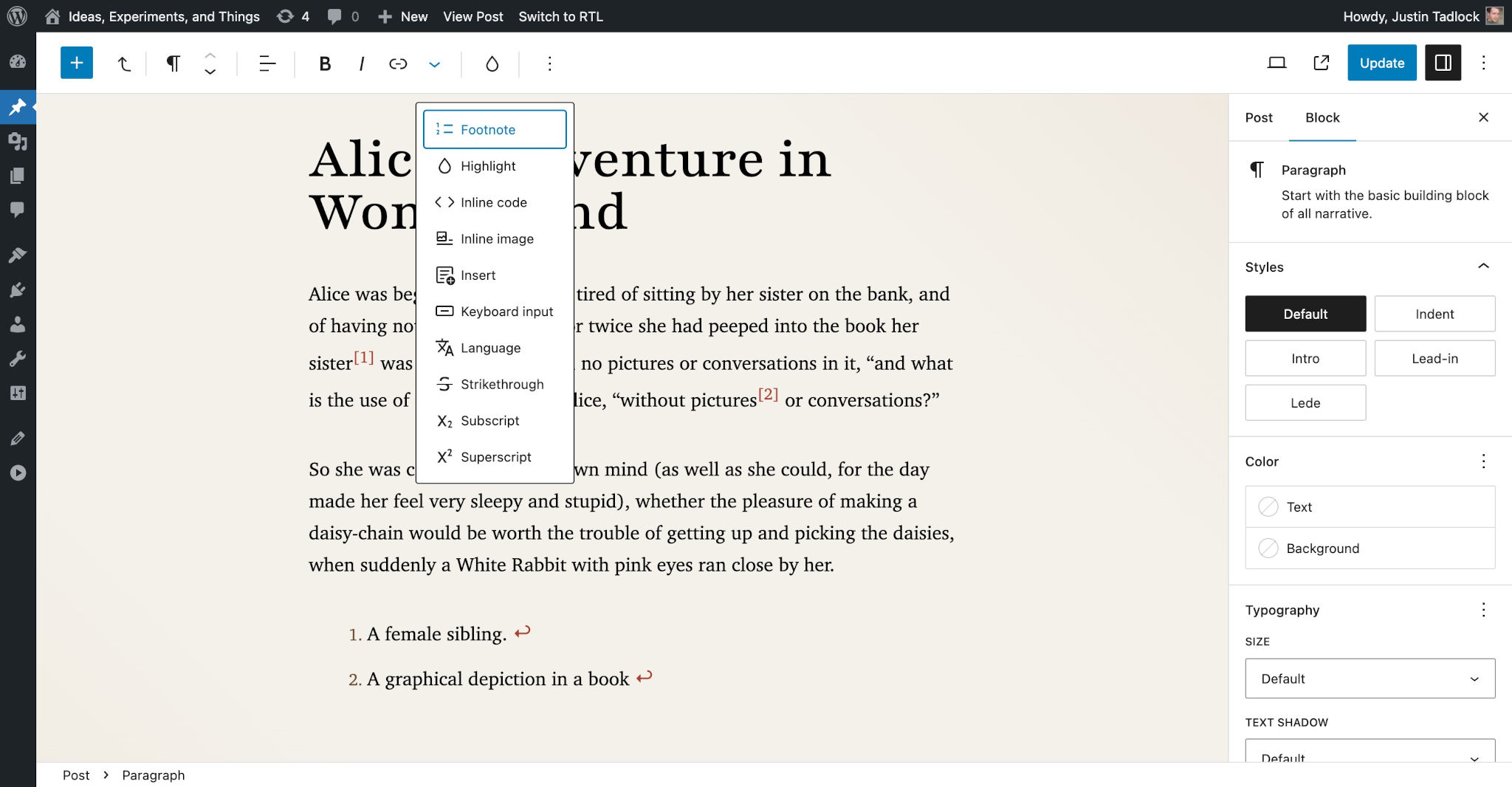 WordPress post editor with several paragraphs of text and a footnotes section at the bottom. A dropdown with "Footnote" is highlighted in the toolbar.