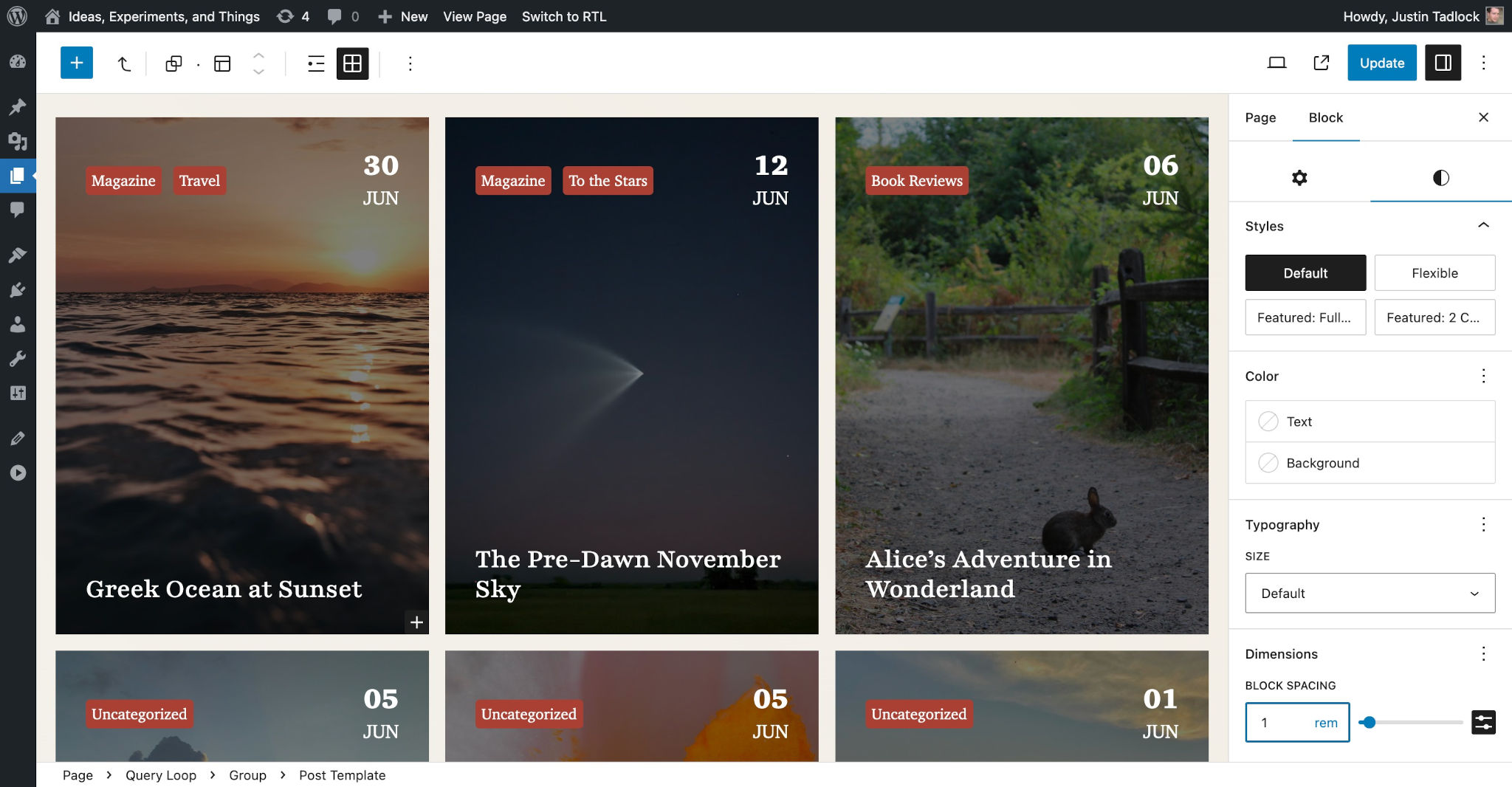WordPress post editor with a three-column grid of posts.