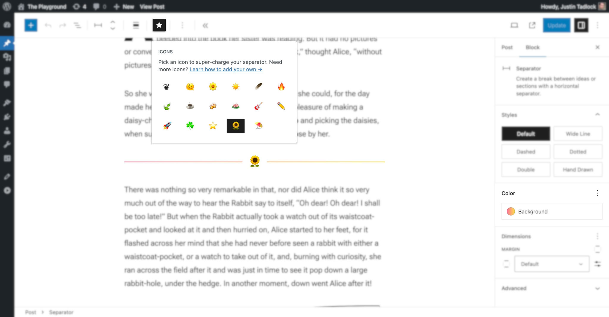 WordPress post editor with a Separator block highlighted. In the toolbar, there is a popup modal with a grid of emoji icons to select from.