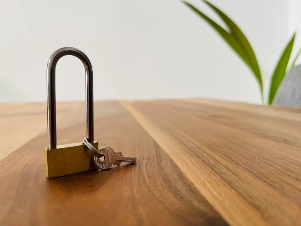 A picture of a locked padlock with plant behind it.