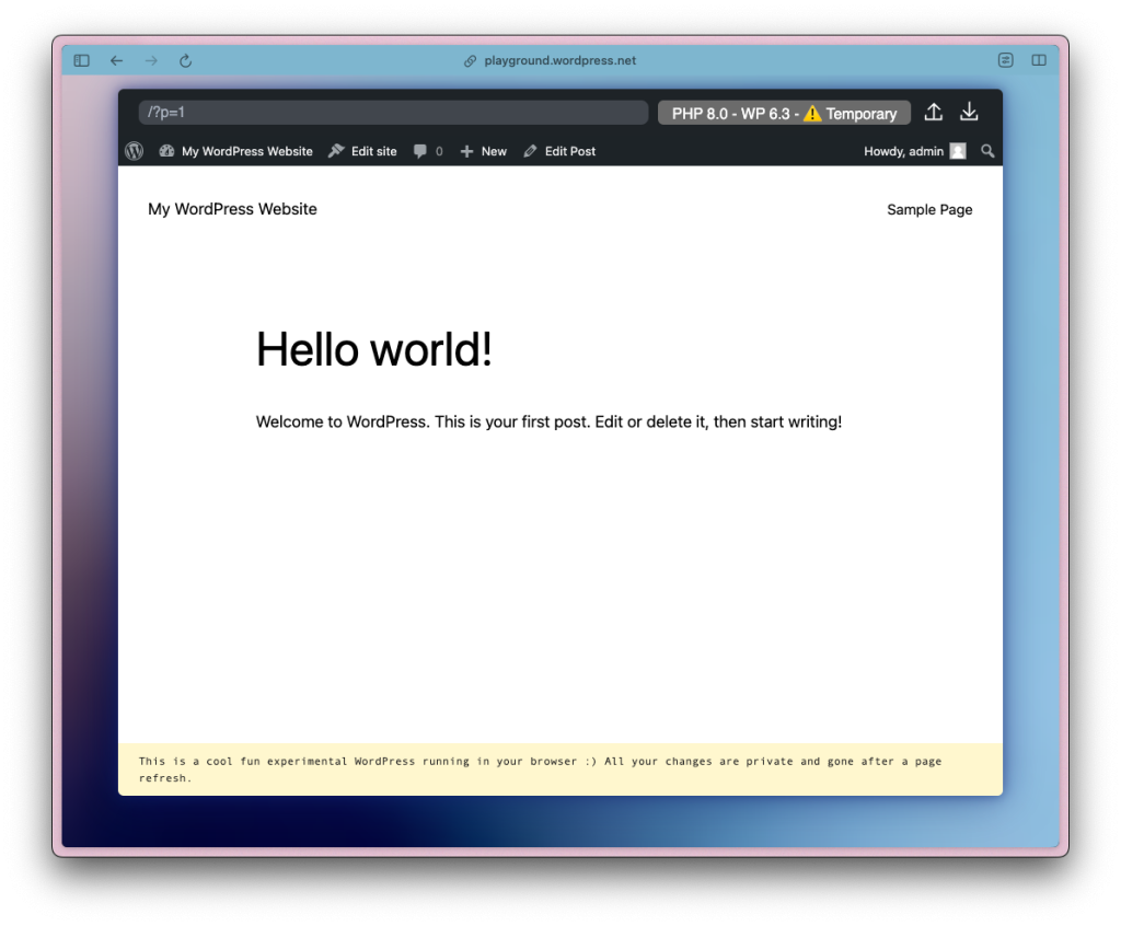 A screenshot of the WordPress Playground site showing a WordPress instance running in the browser. It shows a "Hello World" blogpost.