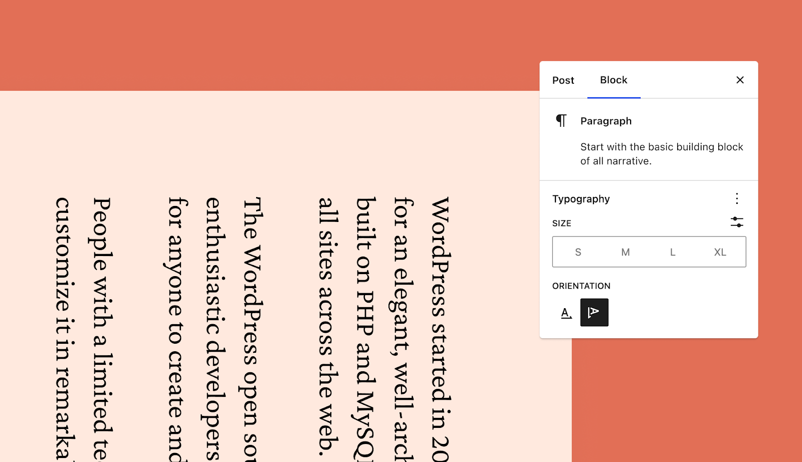 Screenshot of three paragraphs written vertically. At the top right is a box that displays paragraph text settings.
