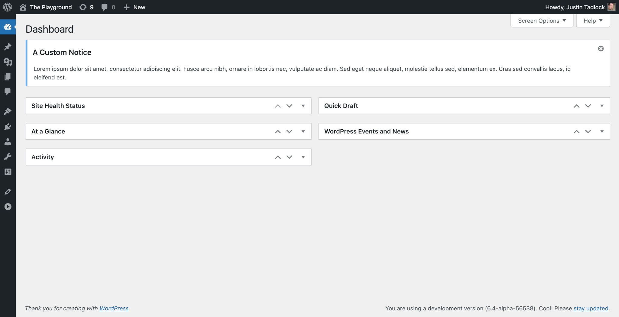 WordPress Dashboard screen with an admin notice at the top of the screen.