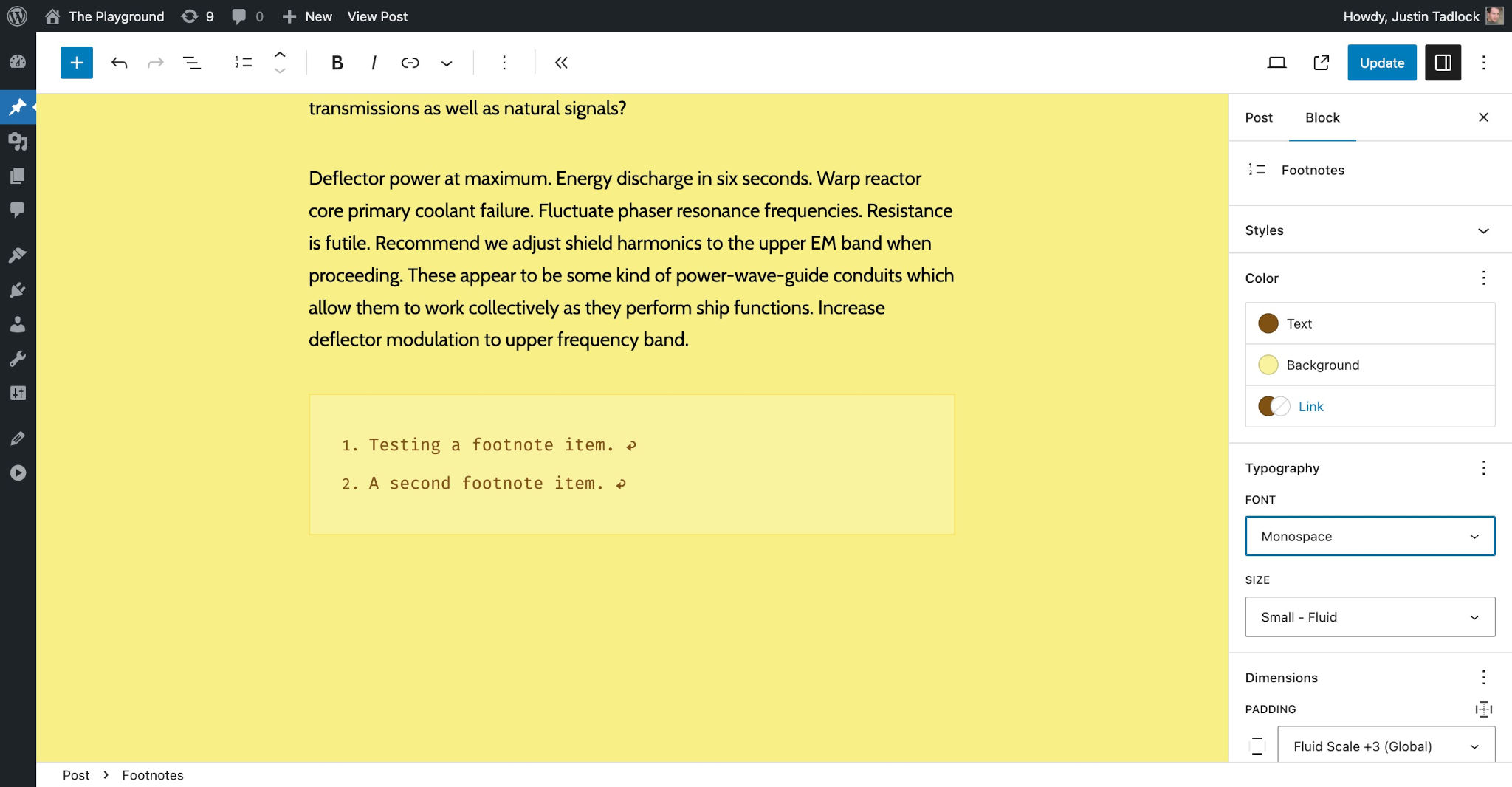 WordPress post editor with demo text and a section with Footnotes.