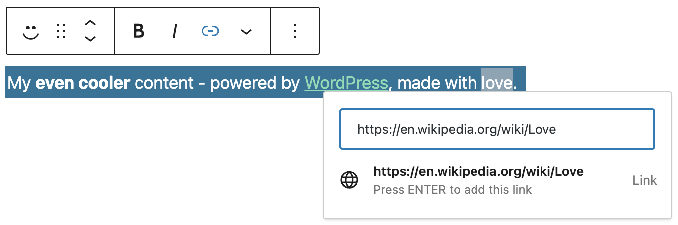 Screenshot of blog with link in editor