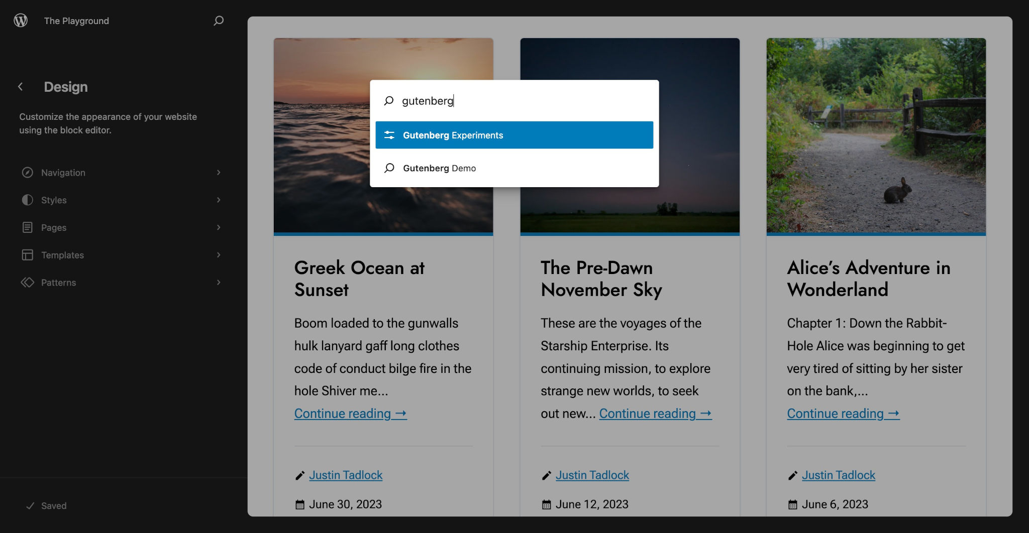 WordPress Site Editor main screen. Overlaying the screen is the command palette with a search for "gutenberg" typed and a dropdown list of command options.