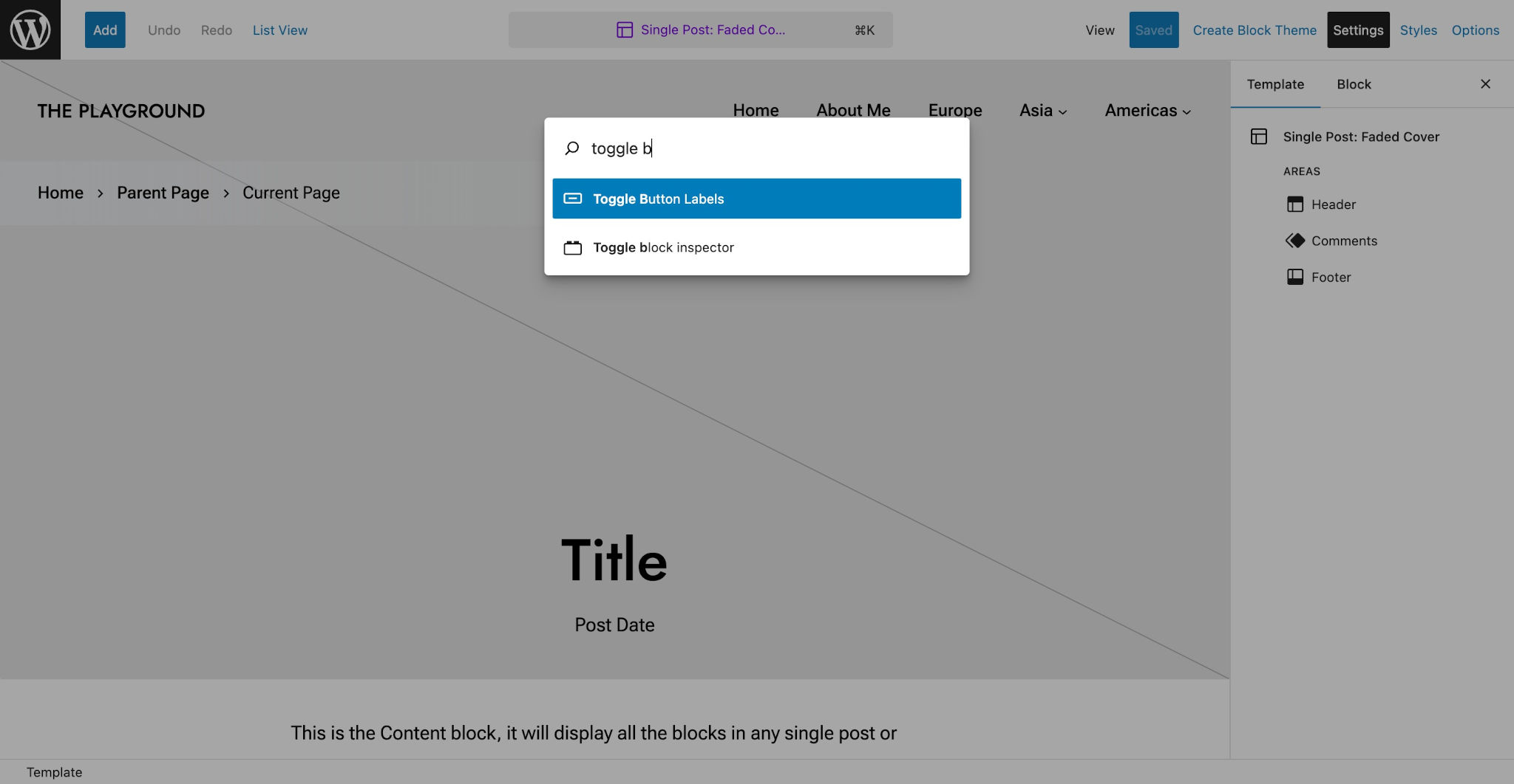 WordPress Site Editor while editing a single post template. The command palette modal is overlaying the screen with a search for toggling button labels.