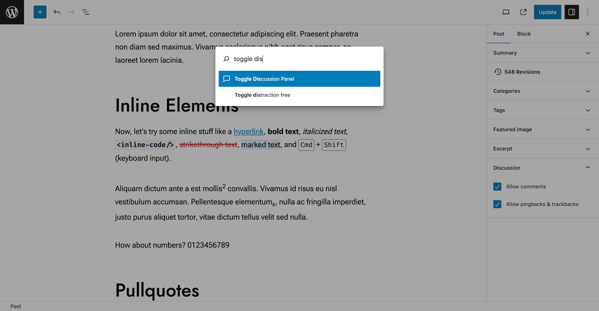 WordPress post editor with the command palette modal overlaying the screen. There is a search for toggling the discussion panel shown.
