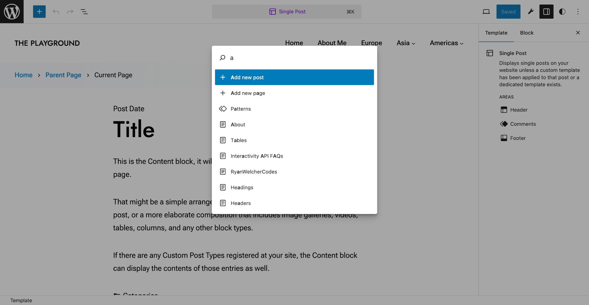 WordPress Site Editor with a command palette modal overlaying the screen.