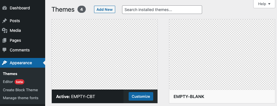 Screenshot showing the admin dashboard with the active EMPTY-CBT theme