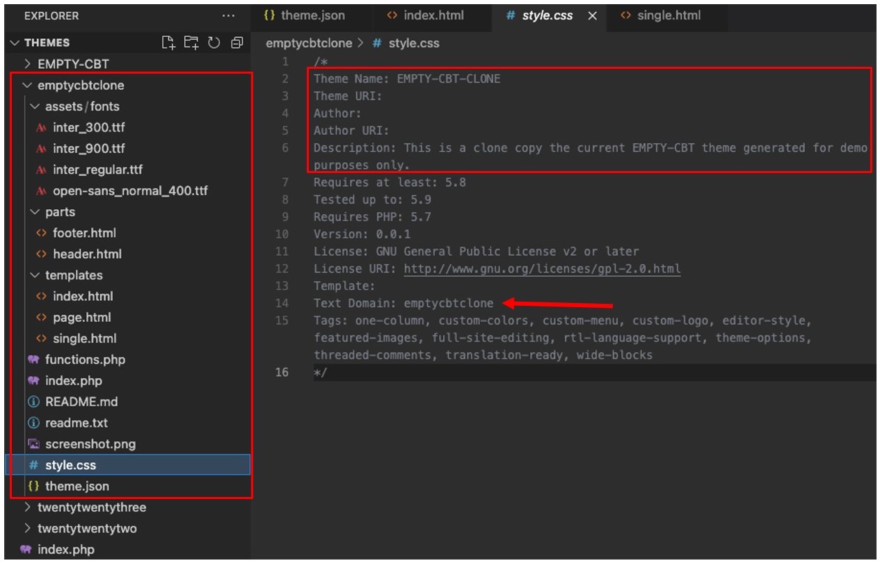 Screenshot showing the meta fields of a cloned theme