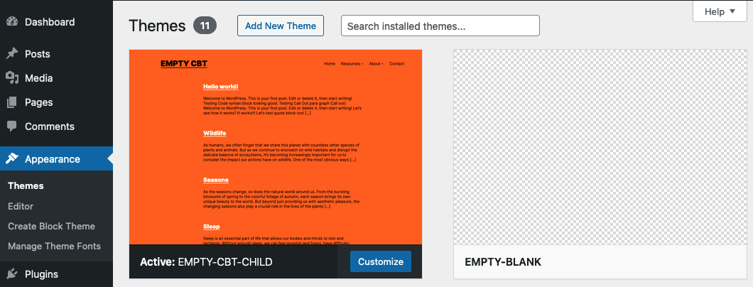 Screenshot showing the activated child theme in the admin Dashboard