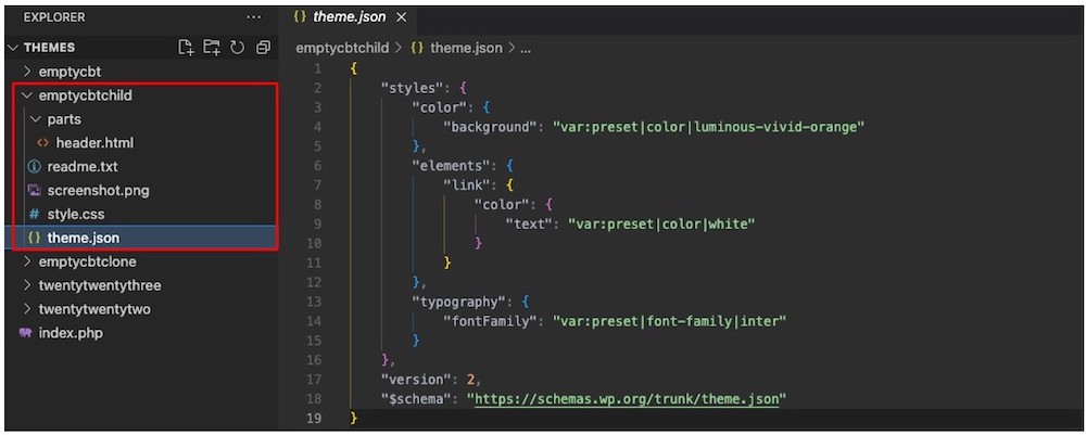 Screenshot showing the file structure of a child-theme created with the Create Block Theme plugin