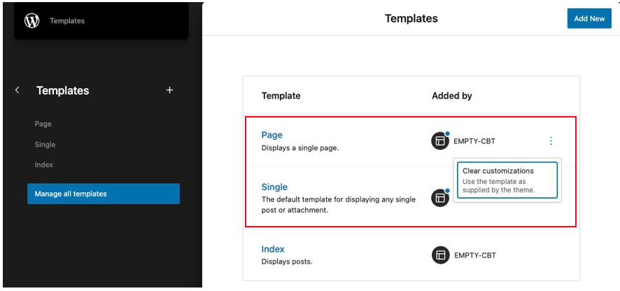 Screenshot showing the Site Editor’s site view for template management