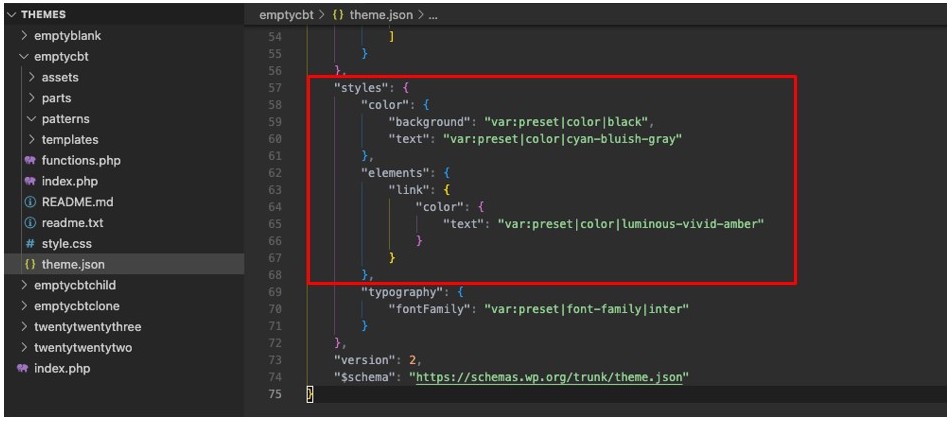 Screenshot showing the theme.json file with updated styles