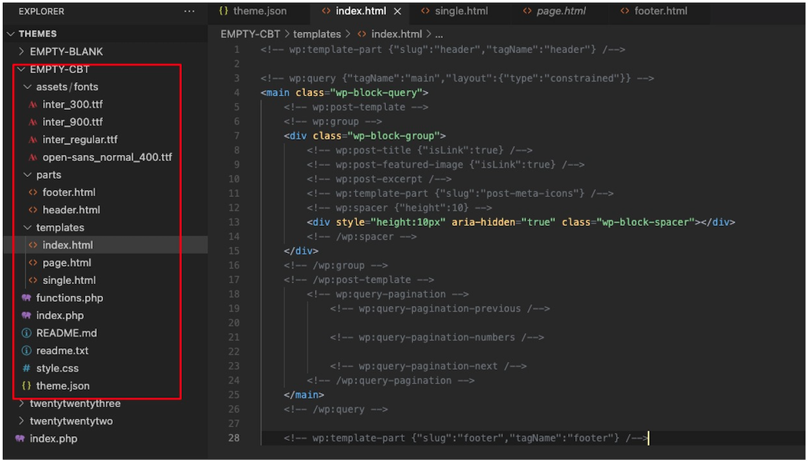 Screenshot showing an EMPTY-CBT file structure and index.html template markup