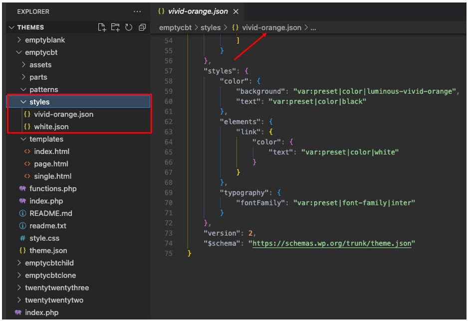 Screenshot showing a new styles folder with variant theme.json files