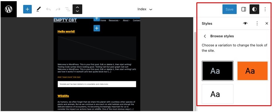 Screenshot showing the style variations icons in the browse styles menu