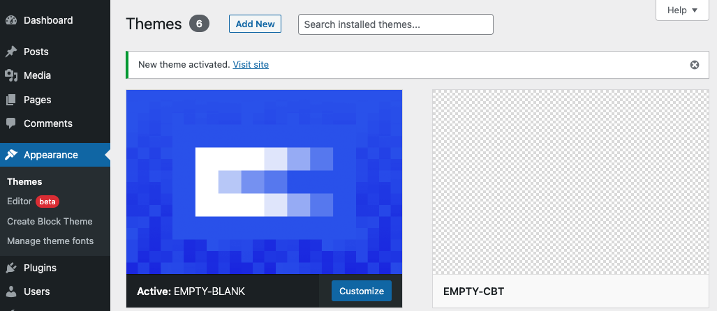 Screenshot showing the display of the default screenshot image if not uploaded while using the blank theme creation option