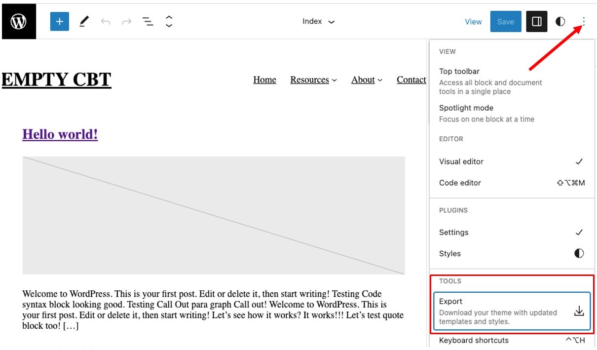 Screenshot showing the theme export feature location in the Site Editor
