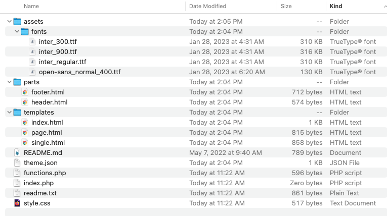 Screenshot showing the file structure of the exported block theme zip file