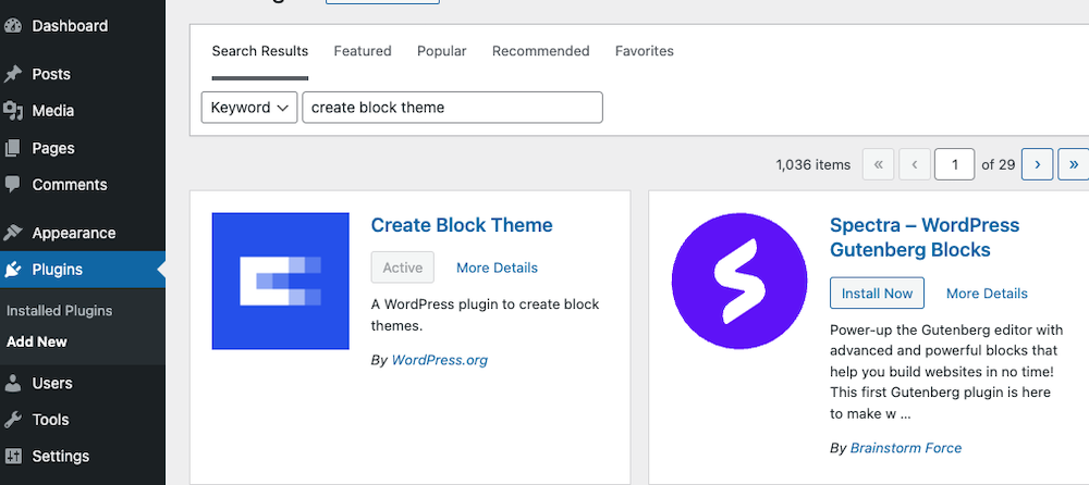 Screenshot showing the admin Dashboard with the active Create Block Theme plugin