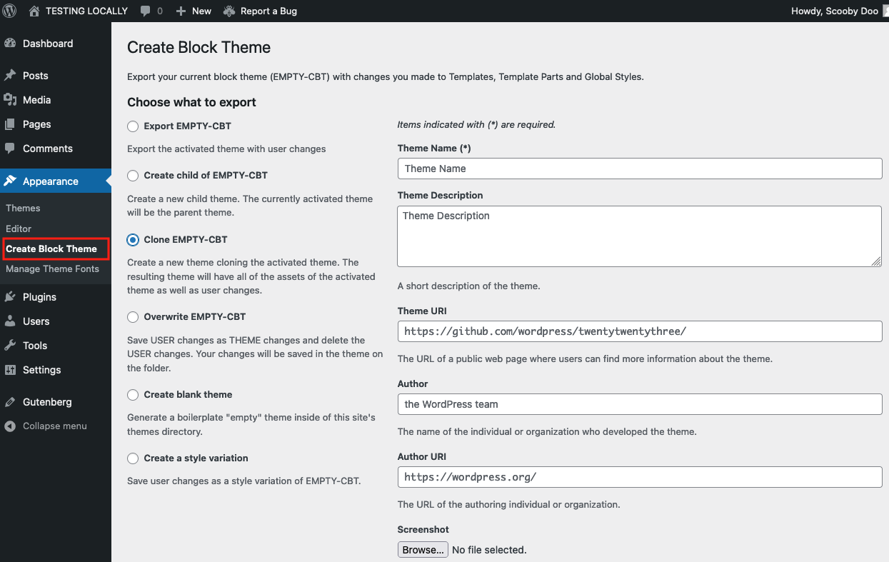 Screenshot showing Create Block theme plugin options.