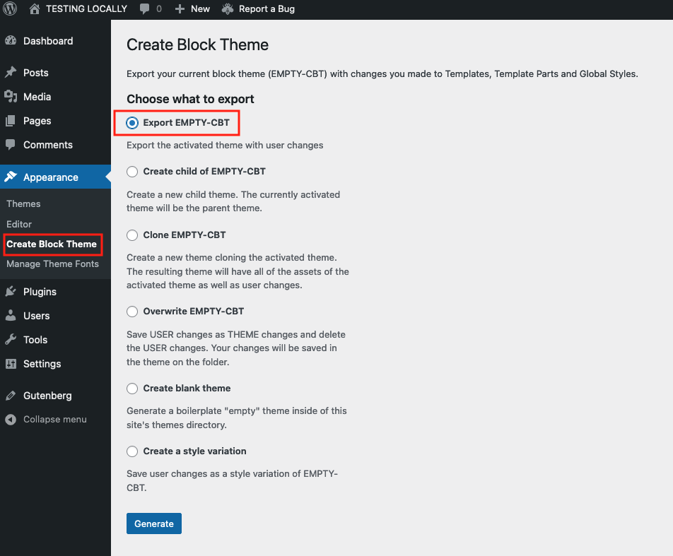 Screenshot showing export theme option of the Create Block Theme plugin