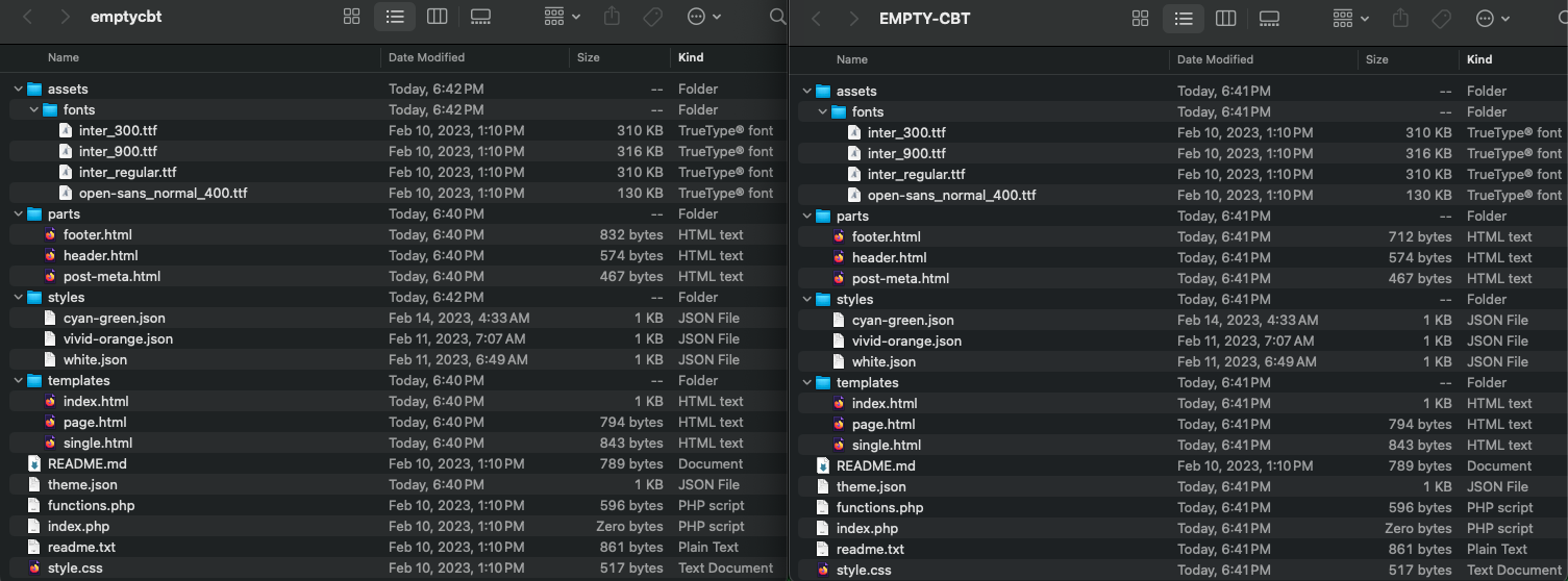 Screenshot showing file structures of exported themes using CBT plugin (left) and WordPress editor export tools (right)