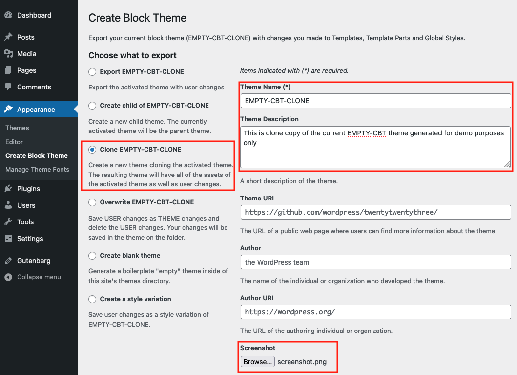 Screenshot showing the cloning an active theme option of the Create Block Theme plugin