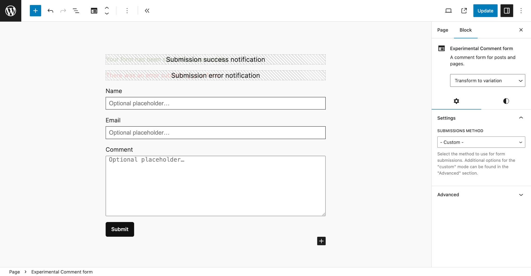 Experimental Form block with a name, email, and comment field with a submit button in the block editor.
