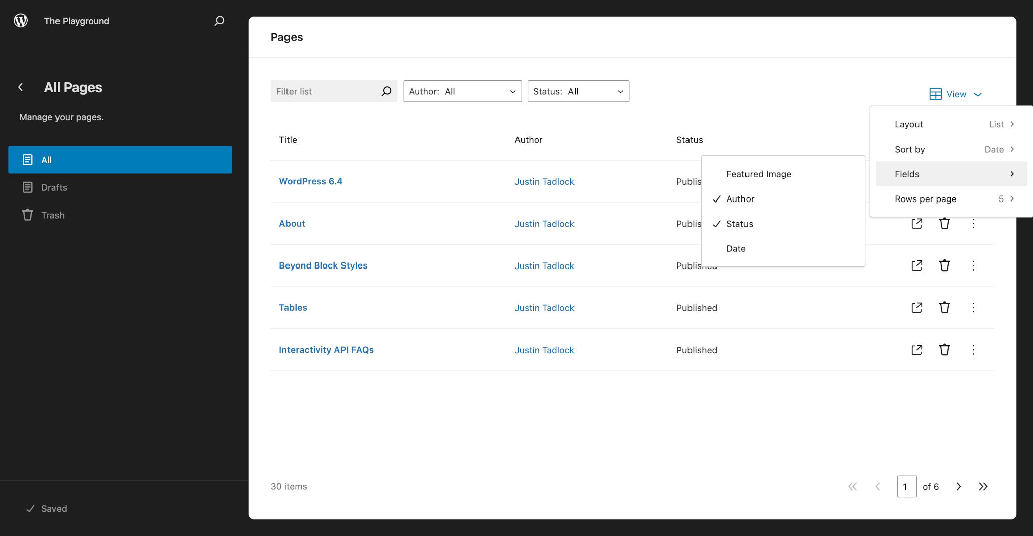 WordPress Site Editor viewing the All Pages sub-screen, which lists five pages in a table. There are several fields for organizing the pages by various metadata.