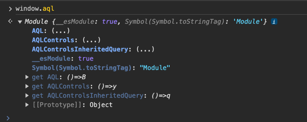 The browser console showing properties of the window.aql object.