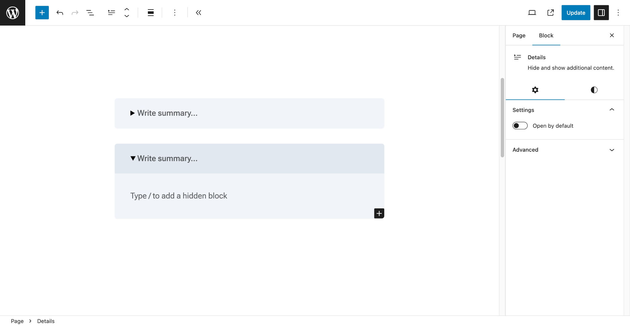 WordPress post editor with both a closed and open Details block with placeholders. The summary has a light gray background, and the overall block has a lighter gray.