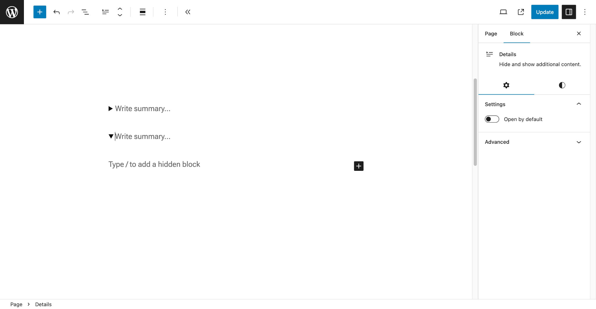 WordPress post editor with both a closed and open Details block with placeholders.