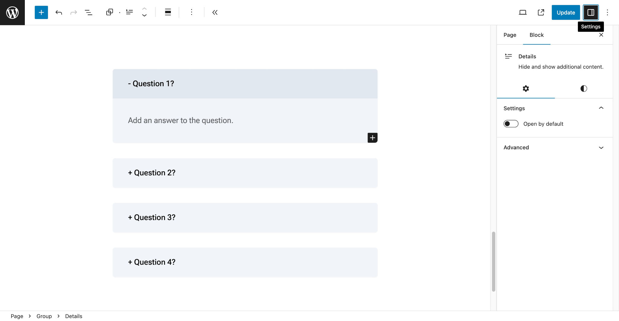 WordPress post editor with a group of four Details block stacked on each other. The blocks are set up to look like a FAQs list with questions and answers.