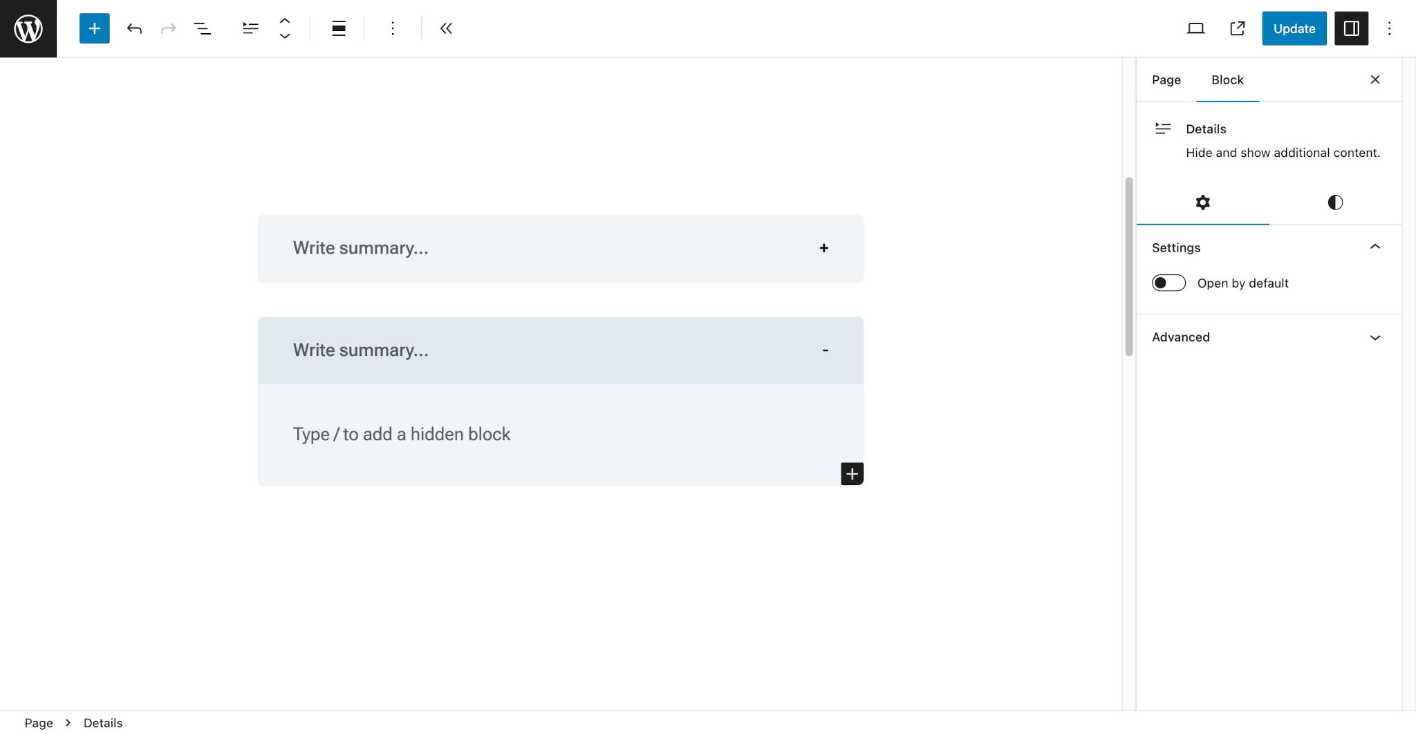 WordPress post editor with both a closed and open gray details block. The closed state has a "+" marker, and the open state has a "-" marker. The marker is located at the end of the summary.