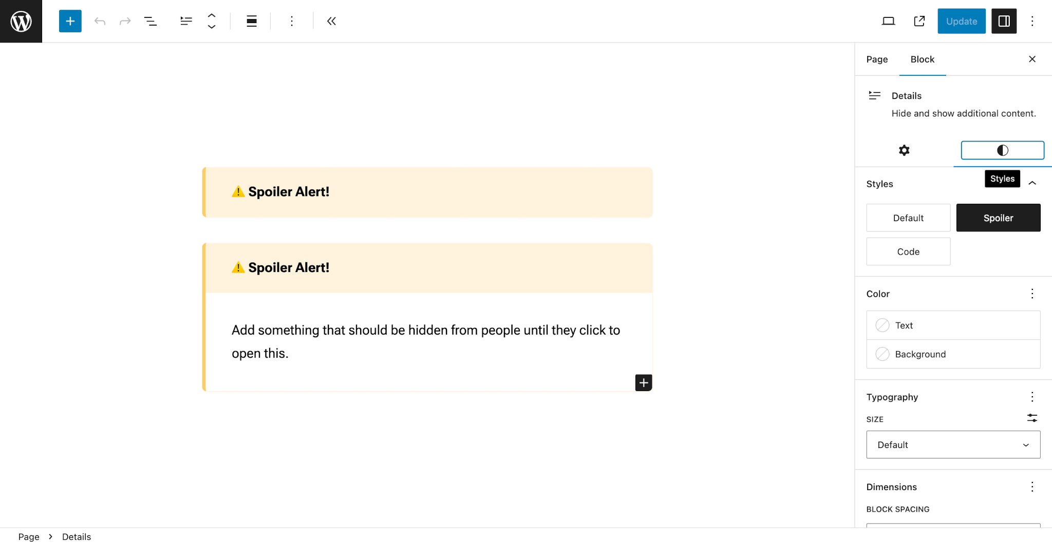 WordPress post editor with both a closed and open Details block. They are designed with an orange color to give an warning/alert. The marker for the blocks is a ⚠️ sign.