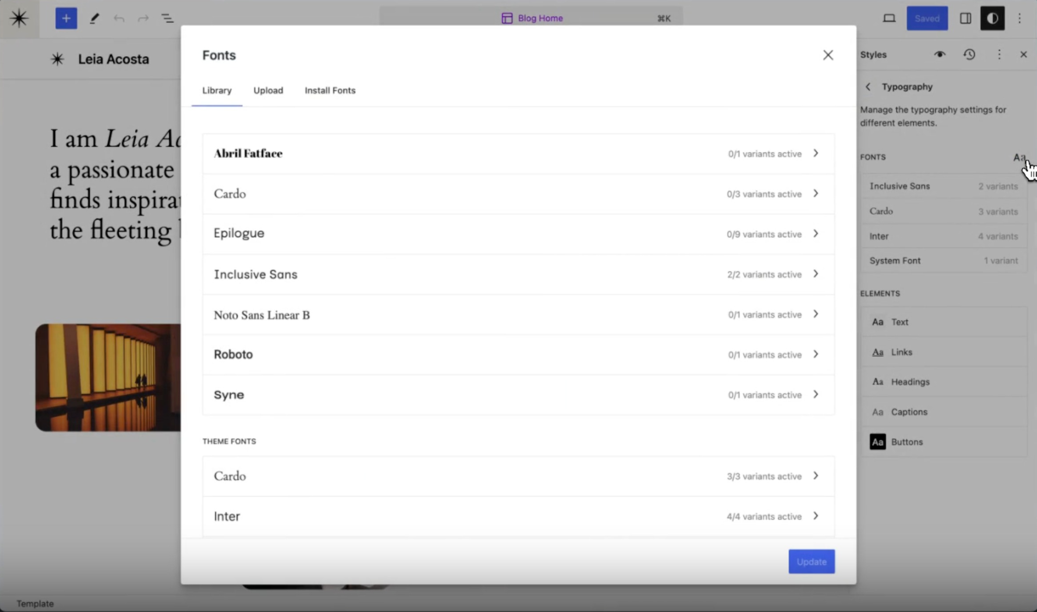 WordPress font library preview in the Site Editor.