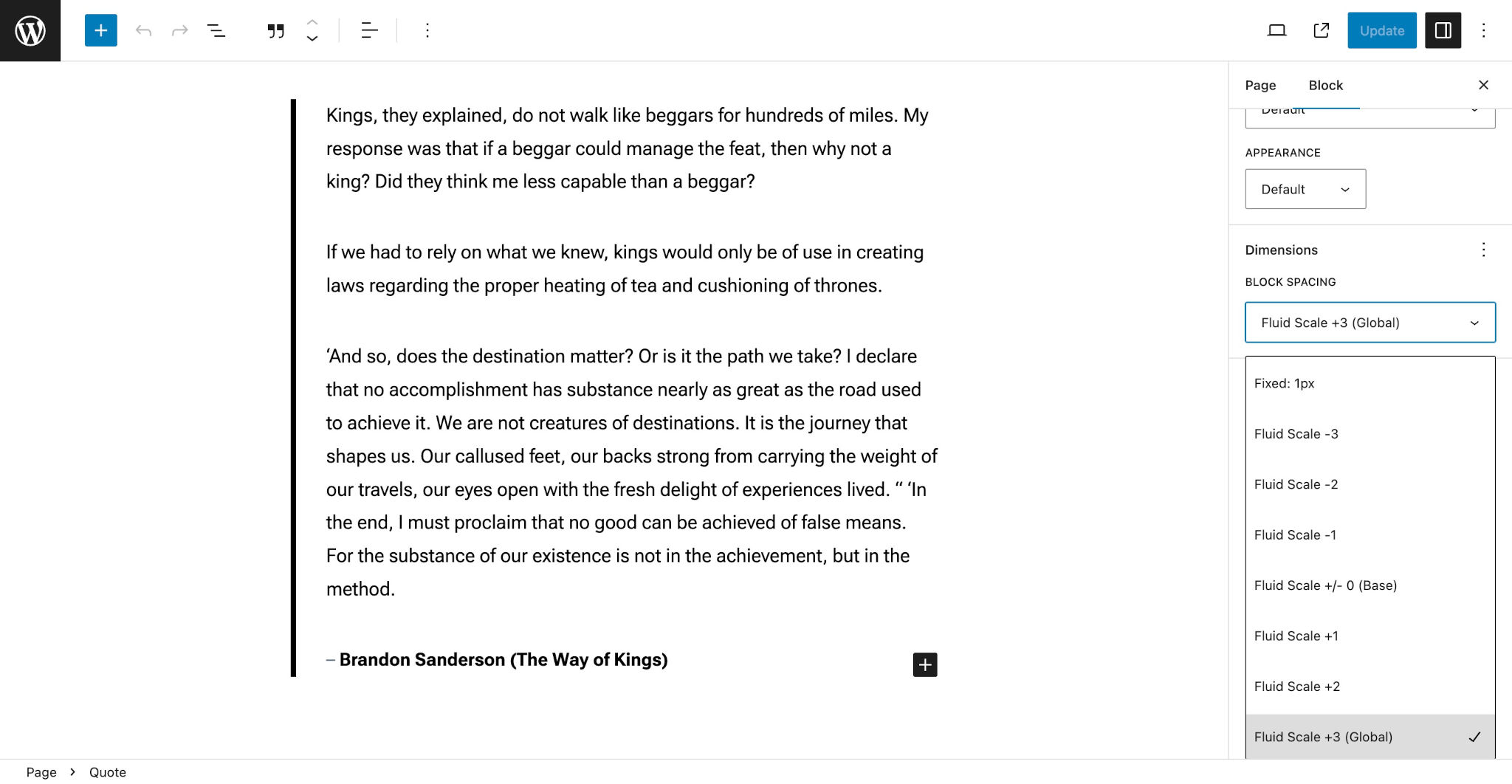 Quote block in the WordPress post editor content canvas. In the sidebar panel, the Block Spacing dropdown is shown with several spacing options.