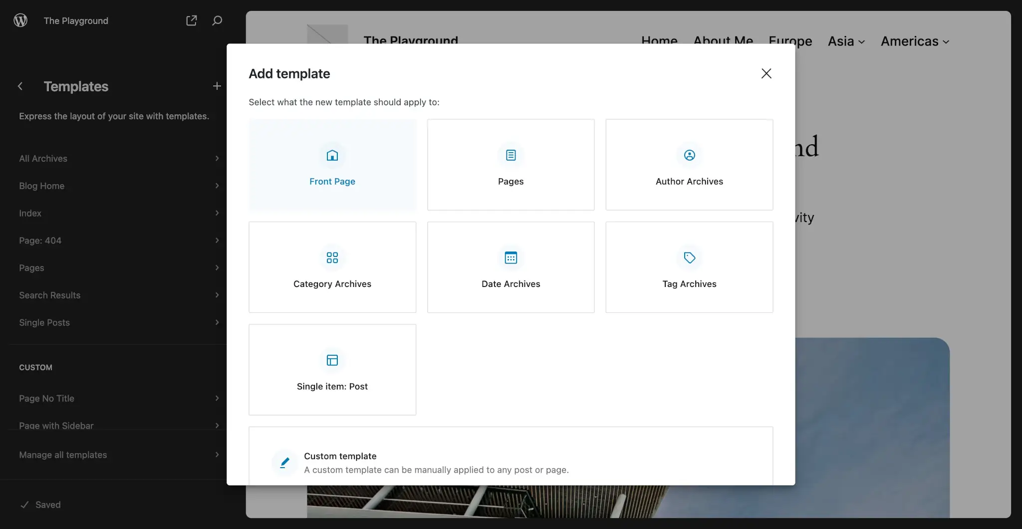 WordPress site editing screen with a modal popup asking the user to add a new template.