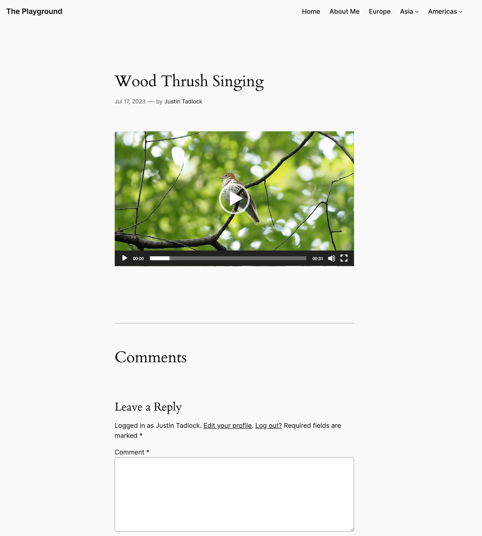 Screenshot of a video attachment page of a bird.