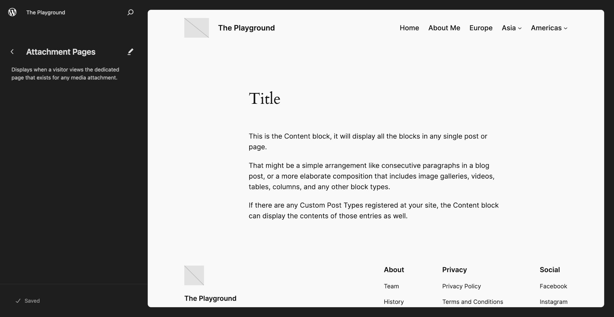 WordPress Site Editor showing the attachment template. On the left is a description on the template. In the right panel is a preview of the template.