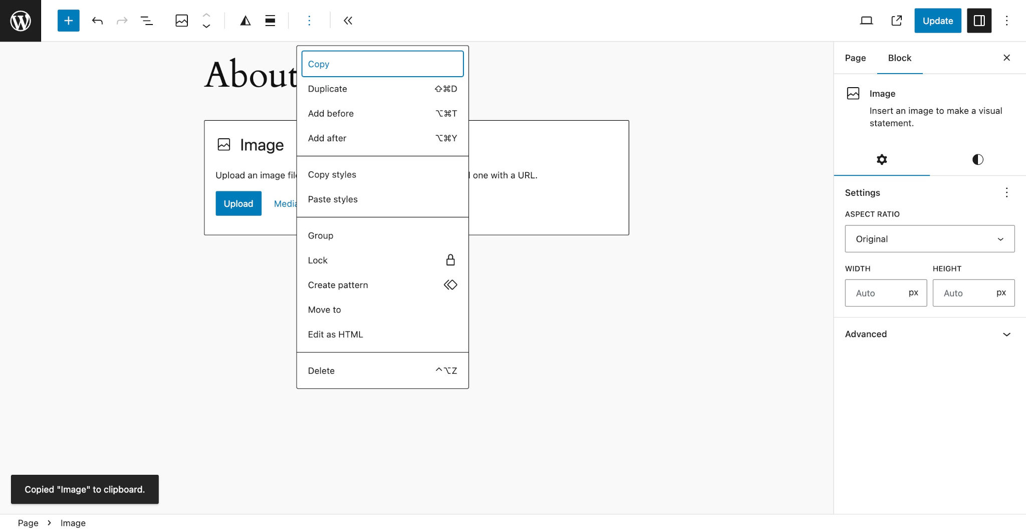 WordPress Image block in the post editor with the options toolbar dropdown shown. The "Copy" option is highlighted.