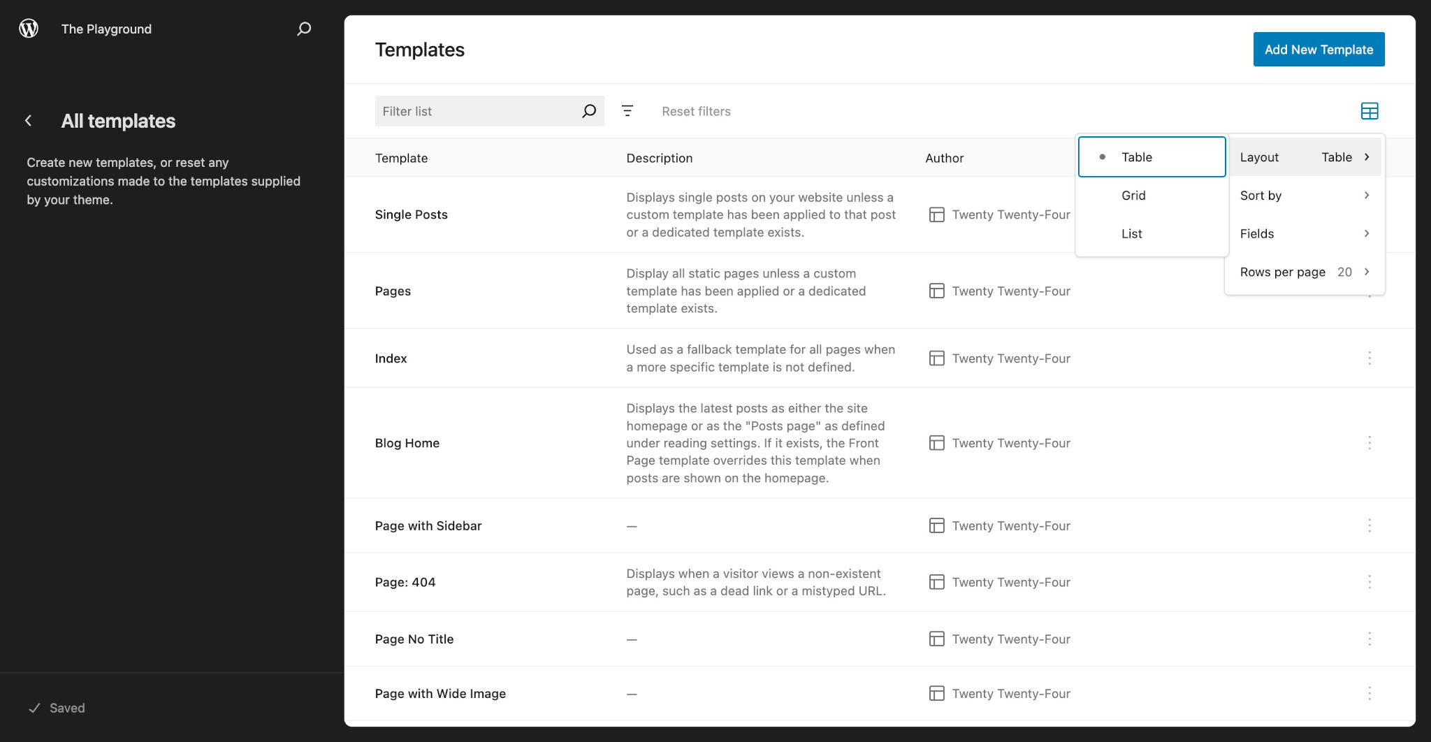 WordPress templates management screen with each template listed in a table alongside its description and author.