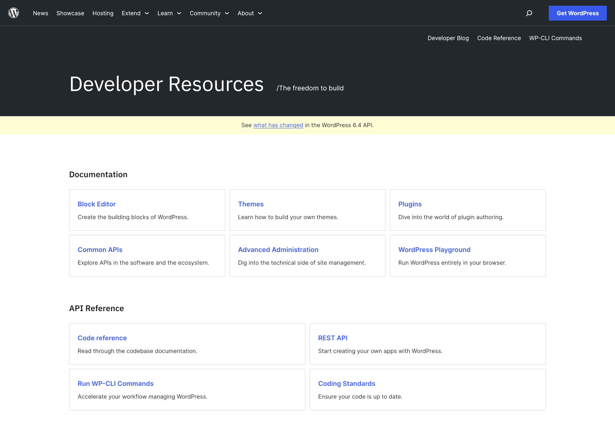 Screenshot of the homepage of the WordPress Developer Resources site. It features a dark header with white text. Below, each handbook is sectioned off into a grid layout with links.
