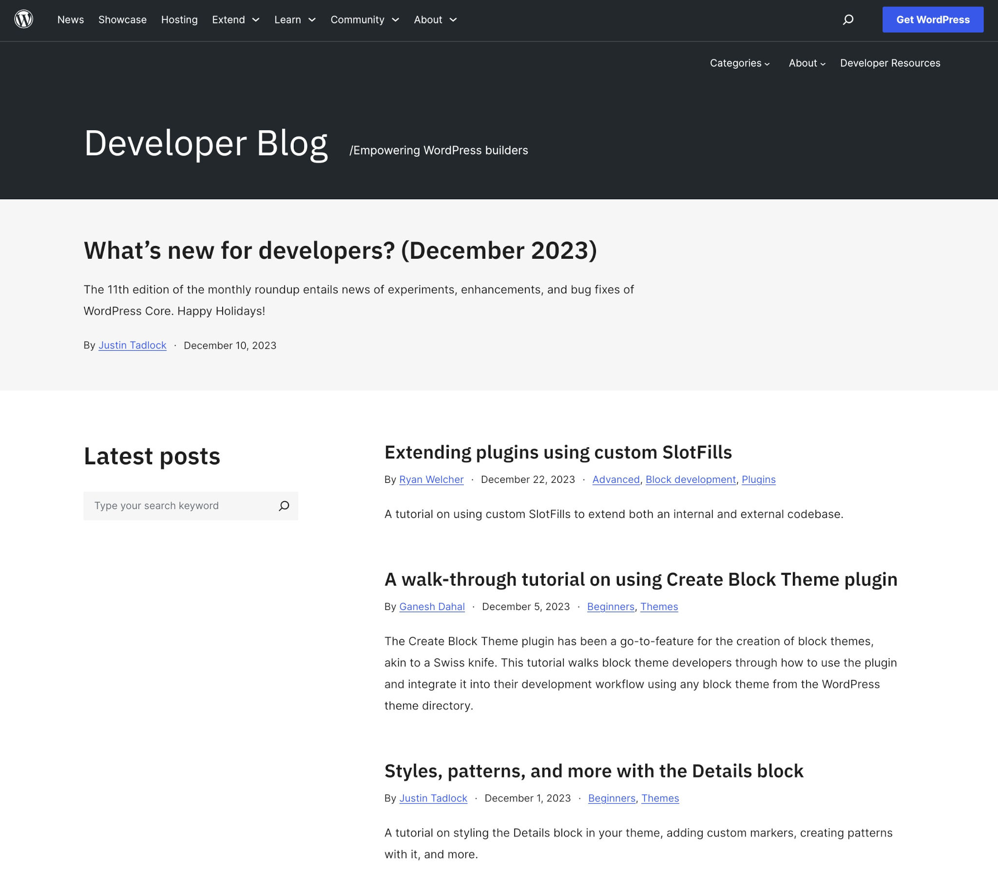 Screenshot of the homepage of the Developer Blog. It features a dark header with light text, followed by a featured post, and a list of latest posts.