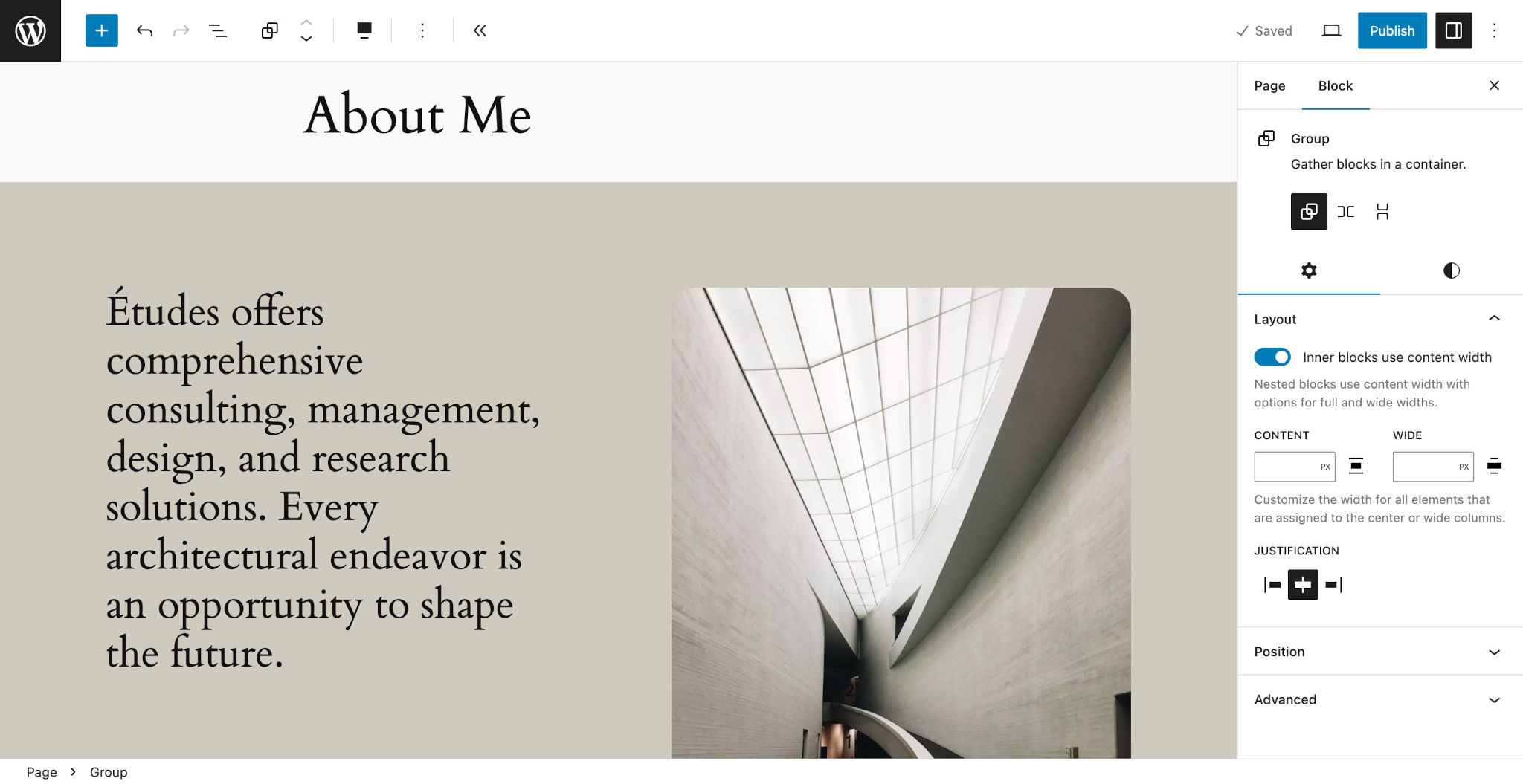 WordPress page editing screen showing an "About" page with demo text and an image next to it.