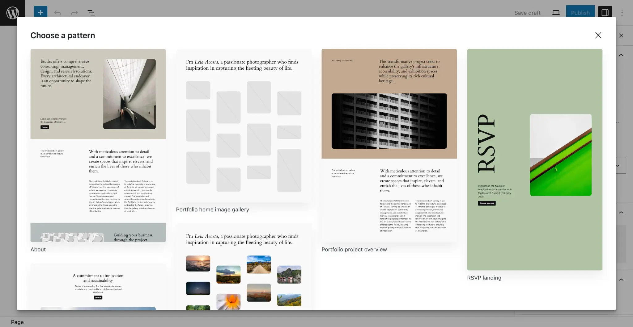 Modal overlaying the edit page screen, showing a grid of various page layouts.