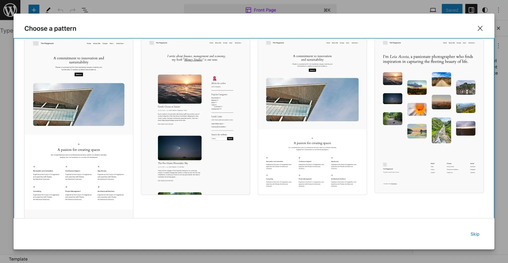 A modal overlay showing four template options for the homepage from within the WordPress site editor.
